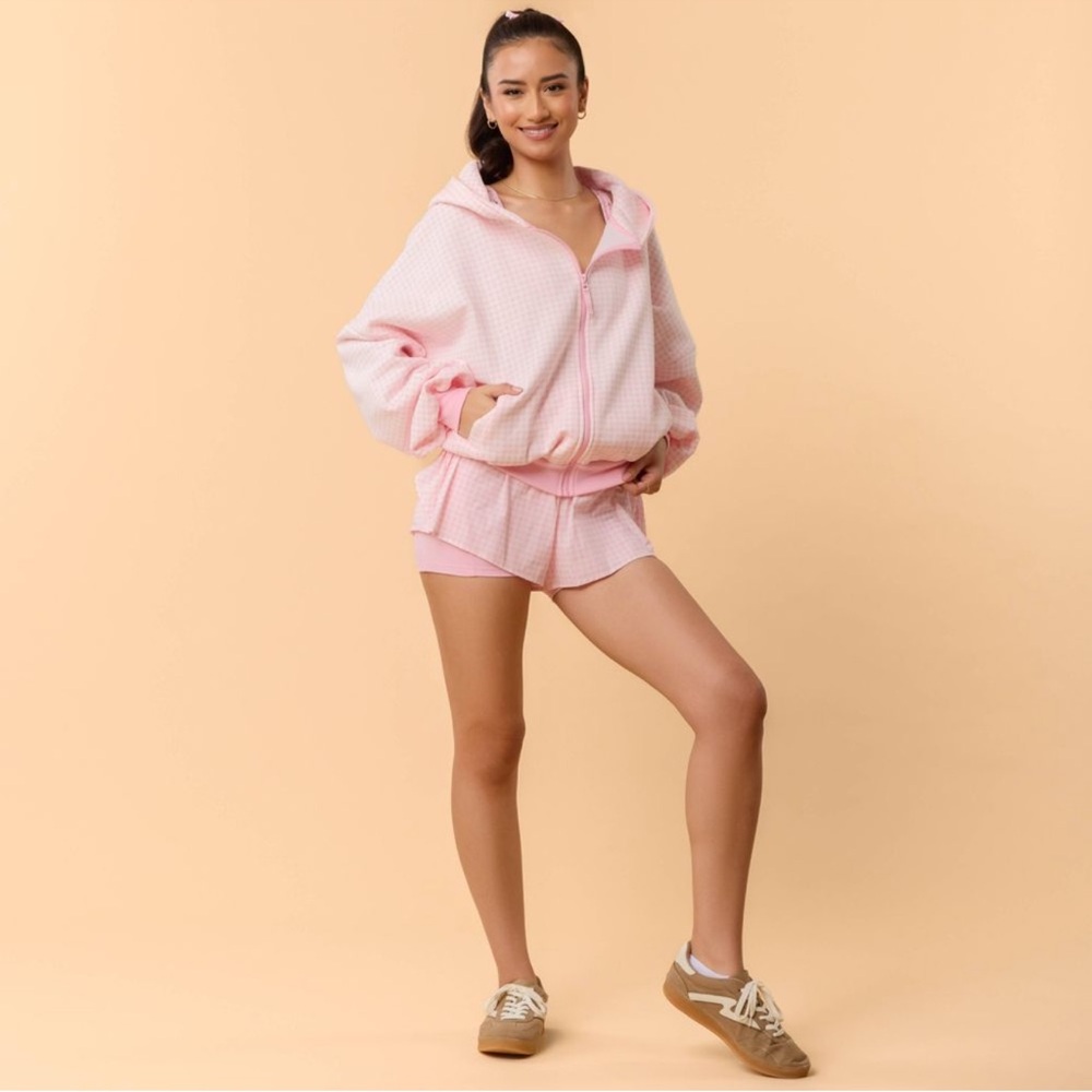 NWT Blogilates Marshmallow Full Zip Hooded Sweatshirt-Pink Gingham Size M - Picture 8 of 9